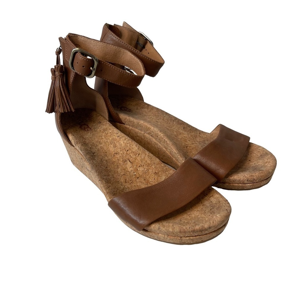 UGG Tan Leather Cork Wedge Ankle Strap Sandals with Tassel
